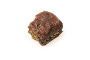 Turkish chocolate baklava isolated on white background.