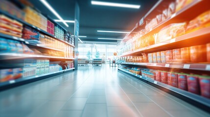abstract blurred supermarket background. AI generated image - obrazy, fototapety, plakaty