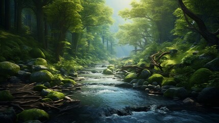 a mountain river meandering through a lush forest. 