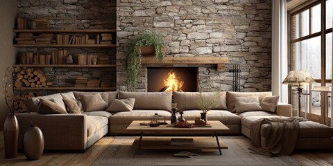 Living room Rustic style, cabin in the mountains, 3d realistic render