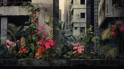 Fototapeta na wymiar Concrete Jungle Blossoms: An Urban Adventure Infused with Florals, Weaving the Vibrance of City Life and Nature in a Captivating Pattern