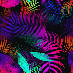 Fluorescent exotic leaves, seamless pattern, background with bright neon leaves. Jungle fauna. Generative AI