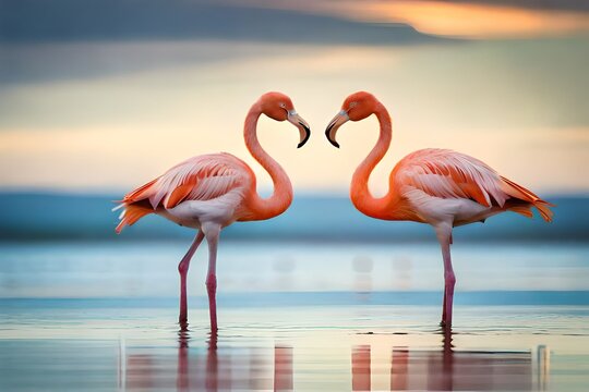 image capturing the intimate moment of a pair of flamingos performing their courtship dance in the shallow waters of a tropical lagoon 
