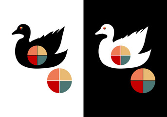 Black and white minimalistic ducks with two colorful circles on a black and white background