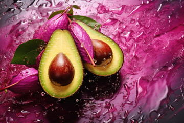 Fresh juicy avocado halves and flowers painted pink with water droplets