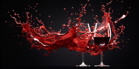 Splash red wine drink in  glass on a dark background Generative AI
