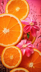 Juicy orange circles with pink flowers