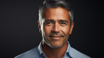 Obraz premium Middle aged 50s hispanic man in shirt isolated over black background, headshot
