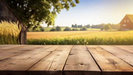 Empty rustic old wooden boards table copy space with rural countryside landscape background. Product display template. Generative AI