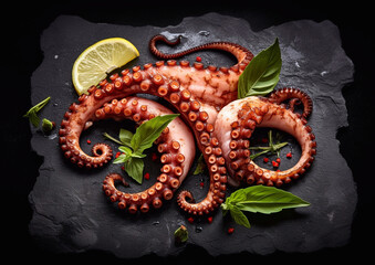 Grilled  tasty octopus with basil and lemon on black stone board background.Macro.AI Generative