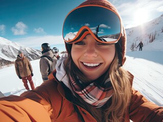 Lifestyle selfie photo of a beautiful cheerful young caucasian girl with ski goggles and helmet, skiing with friends and alps snow mountains in the background