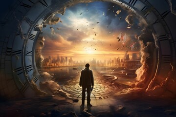 an image that depicts a time traveler facing a moral dilemma. Show the contrast between two time periods and the consequences of their decisions on the past and future. - obrazy, fototapety, plakaty