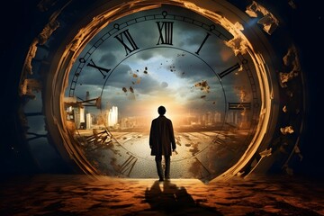 an image that depicts a time traveler facing a moral dilemma. Show the contrast between two time periods and the consequences of their decisions on the past and future.