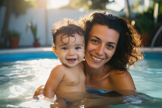 Hispanic mother and her baby are swimming in a pool, smiling, lifestyle photoshoot