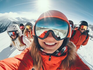Lifestyle selfie photo of a beautiful cheerful young caucasian girl with ski goggles and helmet, skiing with friends and alps snow mountains in the background