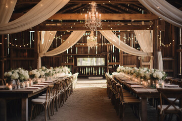Amazing rustic wedding venue. Reception set up in barn - obrazy, fototapety, plakaty