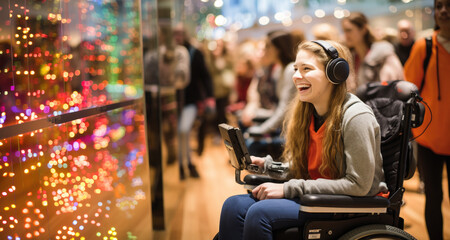 Boundless Spirit: Young Girl in a Wheelchair Embracing Technology with Joy, Exemplifying Inclusion and the Triumph Over Limitations.