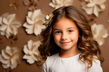 Naklejka premium girl about 8 years old smiling. professional studio. paper background