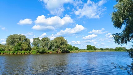 Shrubs and willows grow on the grassy and sandy banks of the river. The branches of the trees overhang the water. The wind creates ripples on the water. Sunny summer weather and blue sky with clouds