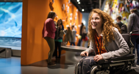 Fototapeta na wymiar Boundless Spirit: Young Girl in a Wheelchair Embracing Technology with Joy, Exemplifying Inclusion and the Triumph Over Limitations.