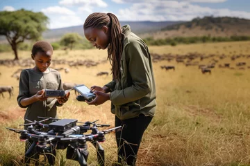 Schilderijen op glas Tech Visionary: African Girl in Nature Leveraging Technology to Foster a Brighter Future, Championing Industrialization, and Empowering Undeveloped Regions with Youth-Driven AI Initiatives. © Davis Brown