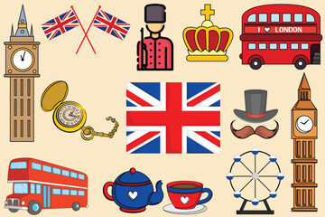 United Kingdom All Elements Set for England National Day and Travel Lovers with British Flags and UK London, English Pack Background