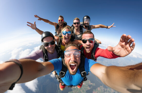 Adrenaline Joy: Thrill-seekers Skydiving with Beaming Faces, Embracing the Ultimate High of Freefall.