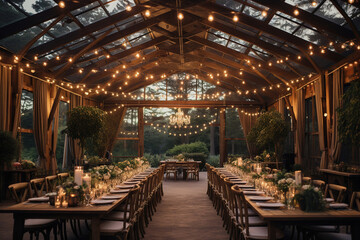 Fototapeta na wymiar Amazing forest wedding venue. Rustic ceremony set up in woods