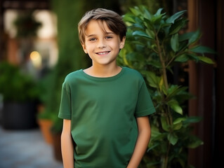 Cute boy wearing blank empty green t-shirt mockup for design template