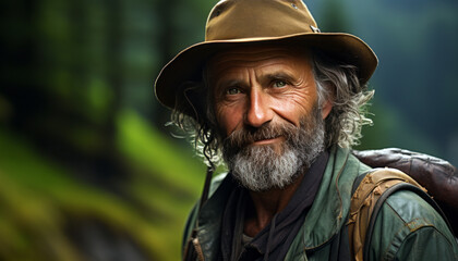 Obraz premium mature man in an earthy brown hat, smiling against green blurred forest