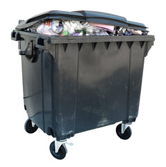 Black plastic trash can with garbage on a white background. Ecology. Environment protection