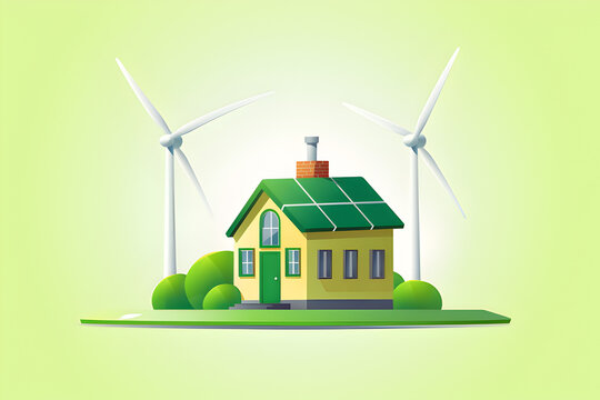 flat vector design of green energy concept,house,wind turbine,modern design,green house.