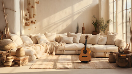 Living room interior in boho style with soft cushions and a beige rug