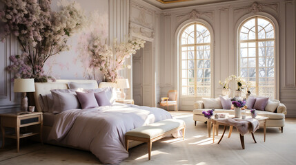 luxurious bedroom with a king sized bed, lavender bed covers and big oval windows
