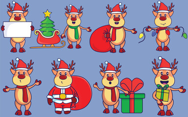 Cute Kawaii Set of Christmas Reindeer with Gifts and Santa Clothes Xmas Bundle