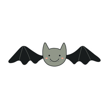 Cute funny flying bat Halloween cartoon character illustration. Hand drawn animal, kawaii style line art design, isolated vector. Kids seasonal print element, trick or treat, autumn holiday party