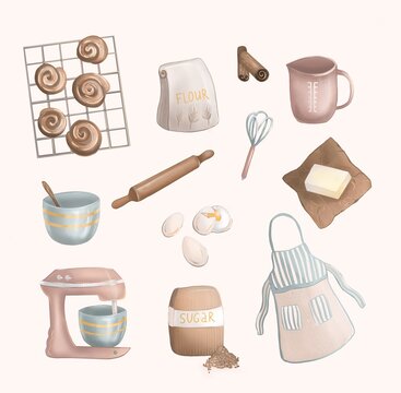 Bakery set with various and desserts. Doodle sketch style. Illustration set for coffee shops, cafes, bakeries. Cute cartoon pictures.