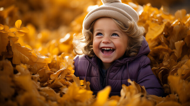  toddler giggling in a pile of golden fall leaves
