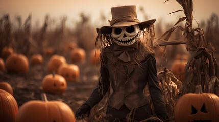 Sinister scarecrow with pumpkin head. Monstrous scarecrow in a pumpkin patch. Horror scarecrow for Halloween.  - obrazy, fototapety, plakaty