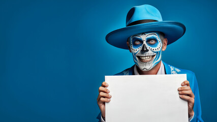 A man in a blue skeleton costume holds a blank sign for Halloween.