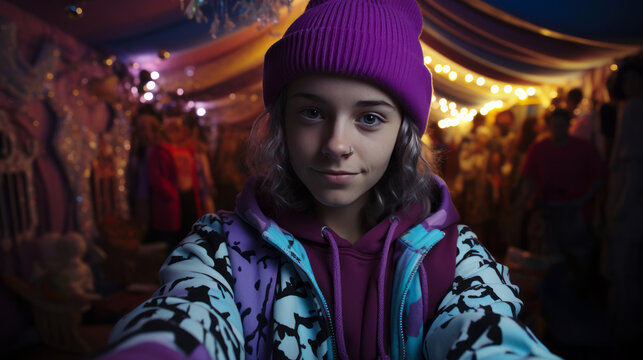 teenager in a lavender cap, taking a selfie