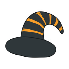 Pointy witch hat Halloween costume accessory hand drawn illustration. Cartoon style line art design, isolated vector. Kids seasonal print element, autumn holiday party, cosplay, carnival