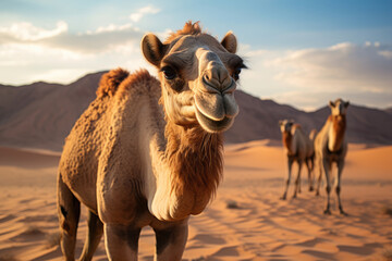 Portrait of a camel in the desert against a blue sky