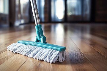 Cleaning a wooden floor with a damp mop