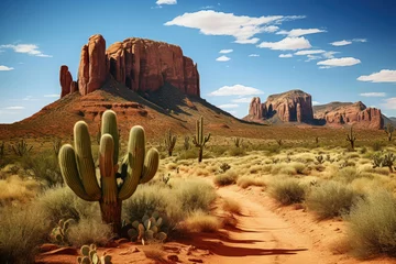 Fototapeten Desert road with cacti against blue sky © Michael