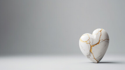 Mended Love: Heart-Shaped Marble with Elegant Gilded Fractures, Representing Kintsugi Artistry