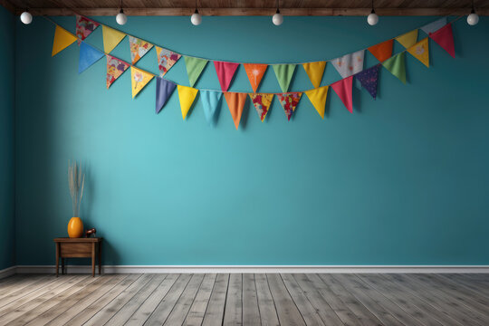 Photo zone with colorful garlands with flags for birthday party, wedding or anniversary. Copy space for text