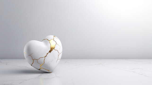 Love's Resilience: White Marble Heart with Intricate Gilded Fissures, Depicting Kintsugi Philosophy
