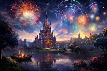 Fototapeta premium Fantasy, magic world. people in a boat on the river are heading to beautiful castle. fairy tales and children's imagination concept.