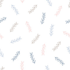 Bohemian style fancy plant branch seamless pattern, simple cartoon vector illustration, repeat ornament in tender trendy pastel color for children, nursery decor, poster, textile, gift paper